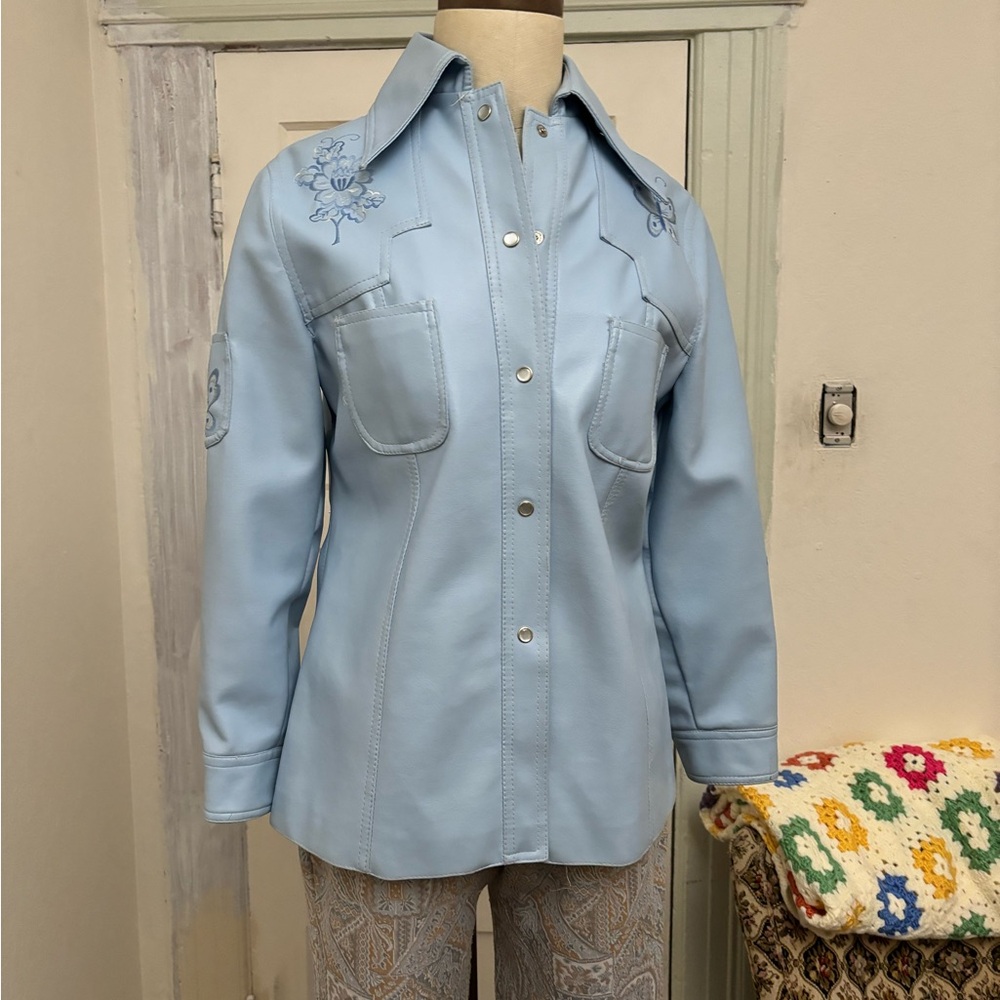 **SOLD** Vintage 70s Vinyl Purple Butterfly Embroidered Trench Jacket M/L